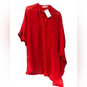 Betsy Moss red sheer asymmetrical button up pleated dress cover up size OS tunic